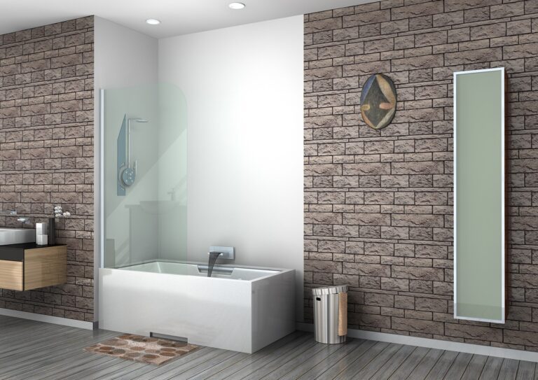 Modern tub surrounded by stone walls