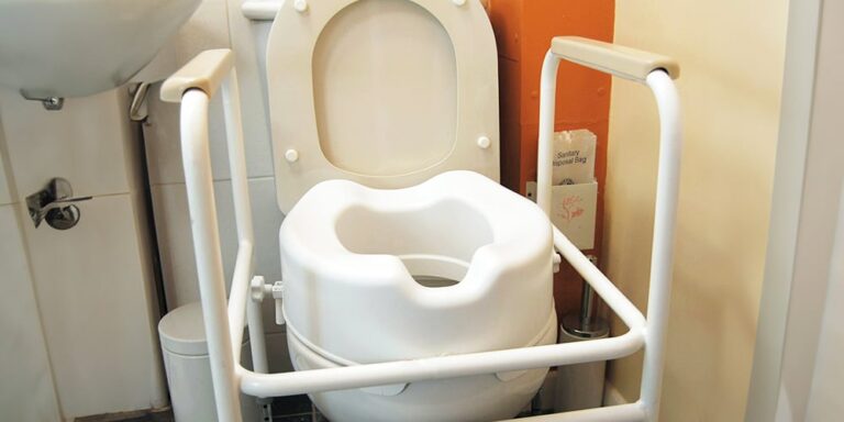 Raised toilet with handles for safety