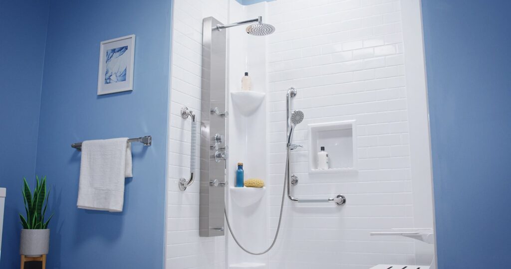 walk-in shower with rainfall shower head, handheld shower wand and grab bars